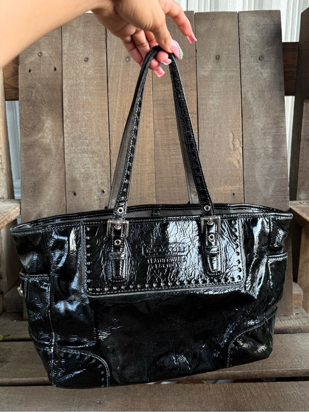 Vintage 2004 Coach Black Crinkled Patent Leather Gallery Tote Bag
